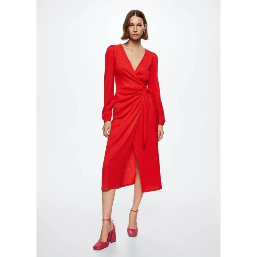 Mango Red Surplice V-Neck Knotted Wrap Midi Dress Textured Fabric Long Sleeve 2
